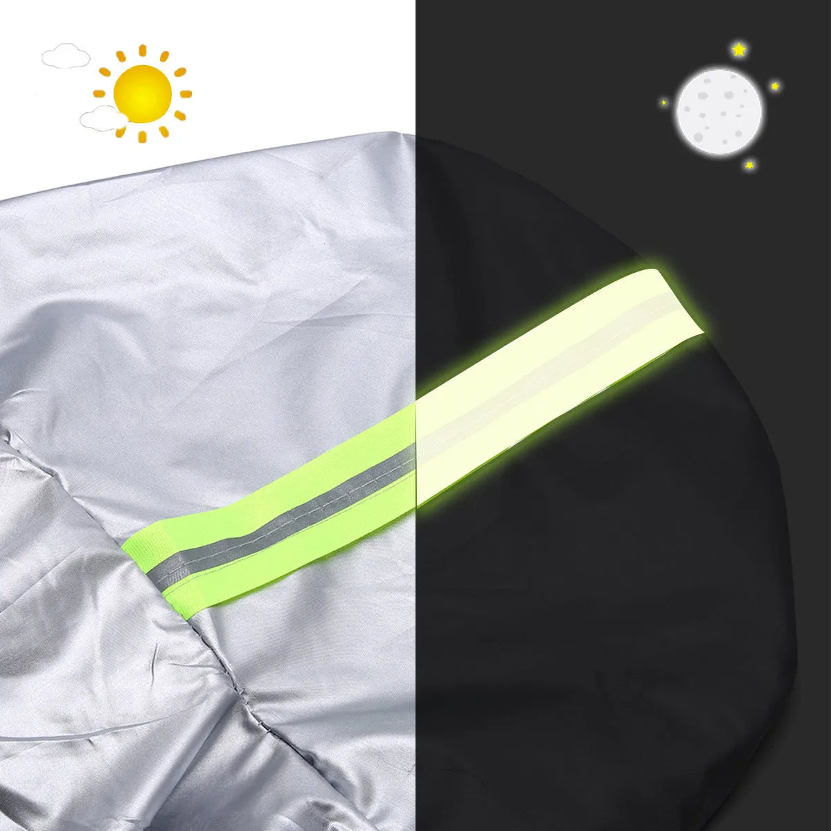 Universal full car cover in umbrella cloth with reflective strip, sized for sedans, SUVs, and pickups