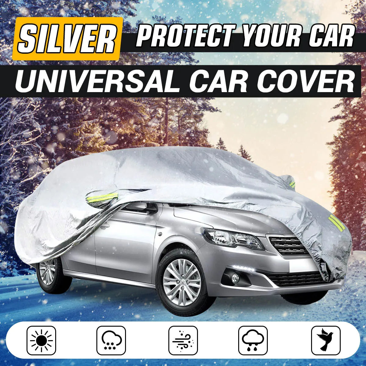 Universal full car cover in umbrella cloth with reflective strip, sized for sedans, SUVs, and pickups