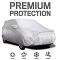 Universal full car cover in umbrella cloth with reflective strip, sized for sedans, SUVs, and pickups