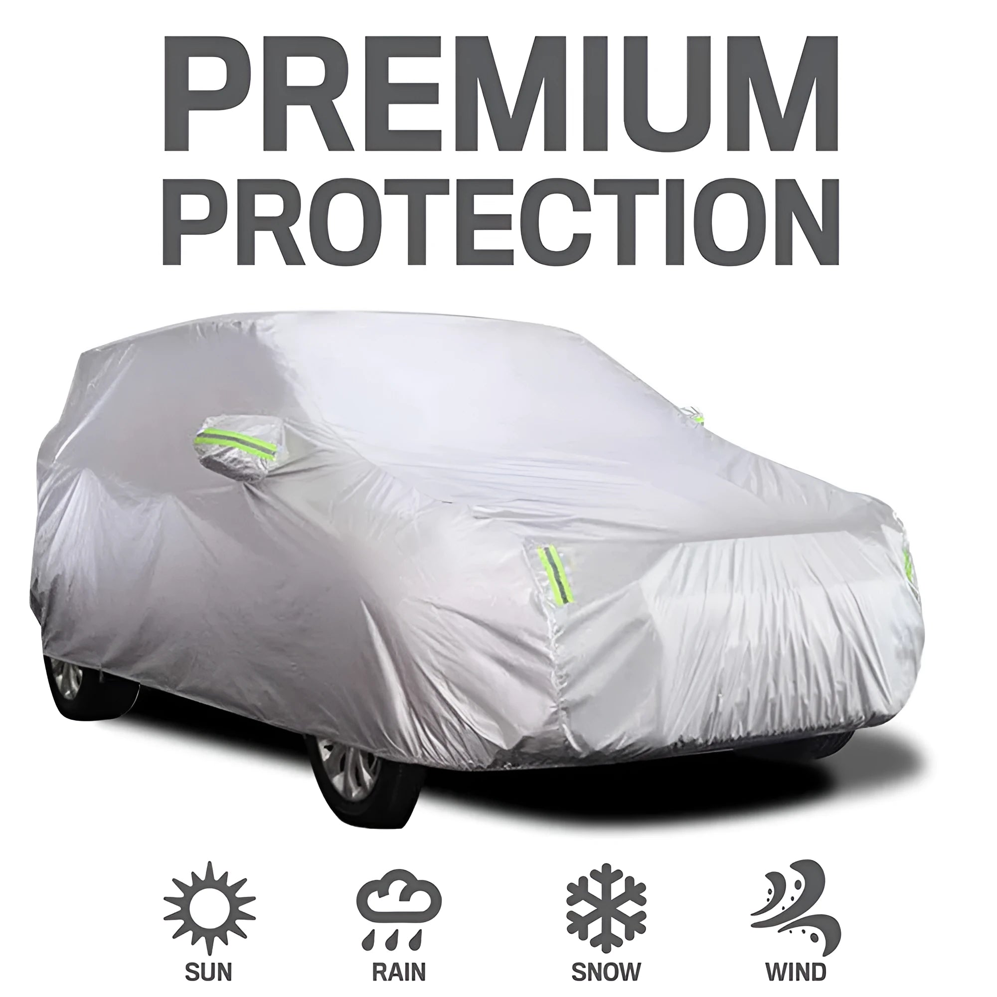 Universal full car cover in umbrella cloth with reflective strip, sized for sedans, SUVs, and pickups
