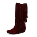Women's suede mid-calf boots with chunky heel and square toe in beige colour