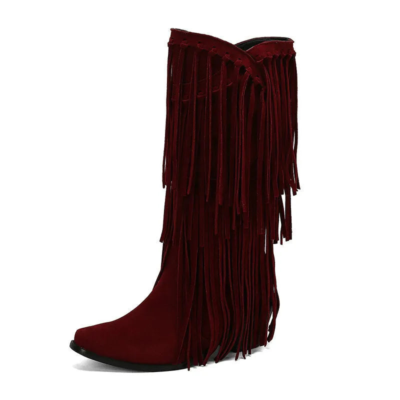 Women's suede mid-calf boots with chunky heel and square toe in beige colour