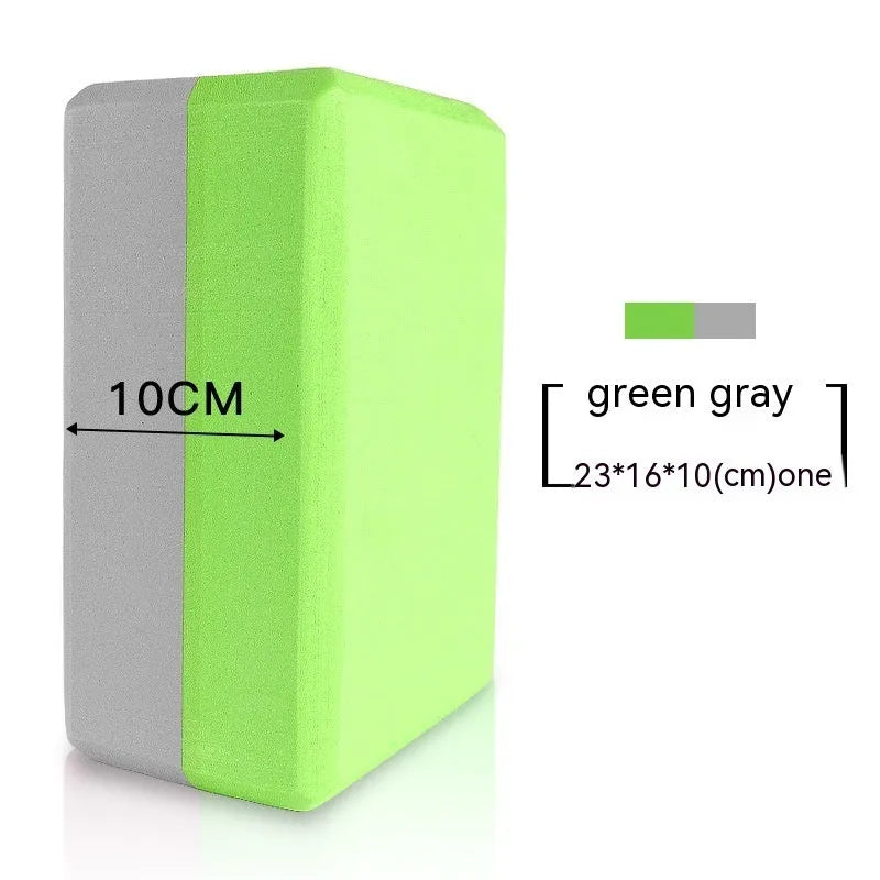 High-density EVA foam yoga block in various colours and prints on a workout mat.