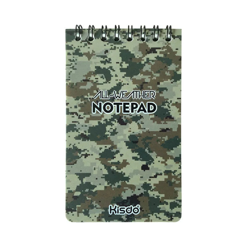 Spiral-bound waterproof office notepad showing stone paper pages and PP cover in camouflage pattern