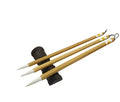 Three traditional Chinese calligraphy brushes with bamboo handles and woolen hair tips, shown in large, medium, and small sizes.