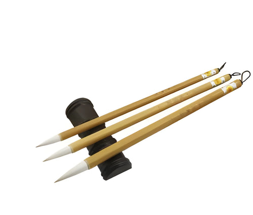 Three traditional Chinese calligraphy brushes with bamboo handles and woolen hair tips, shown in large, medium, and small sizes.