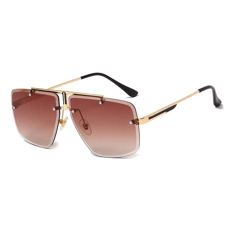 Frameless trim square sunglasses with metal frame and gray-blue PC lens on a flat surface
