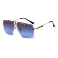 Frameless trim square sunglasses with metal frame and gray-blue PC lens on a flat surface