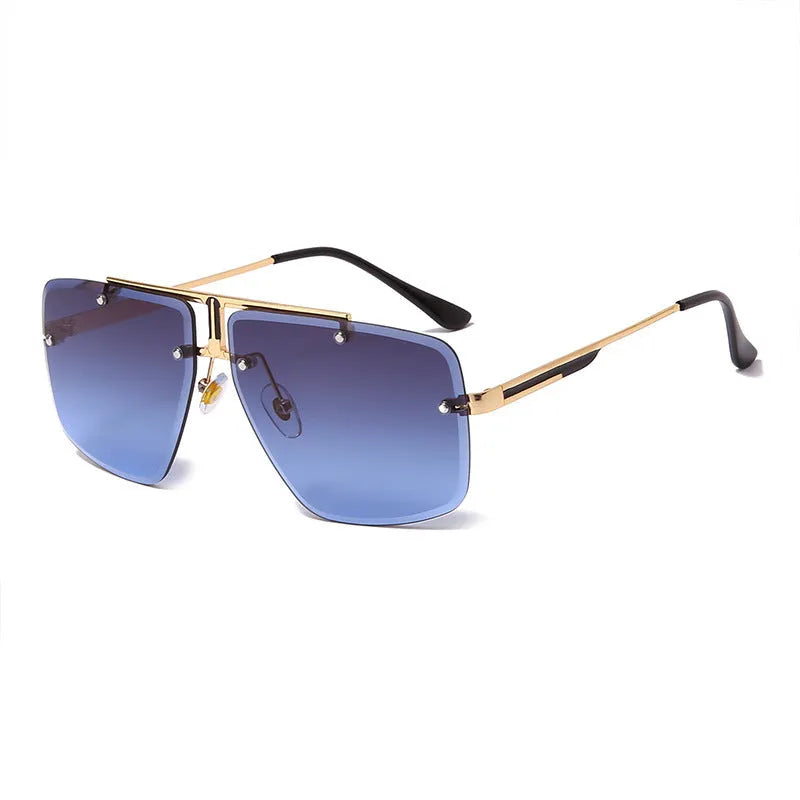 Frameless trim square sunglasses with metal frame and gray-blue PC lens on a flat surface