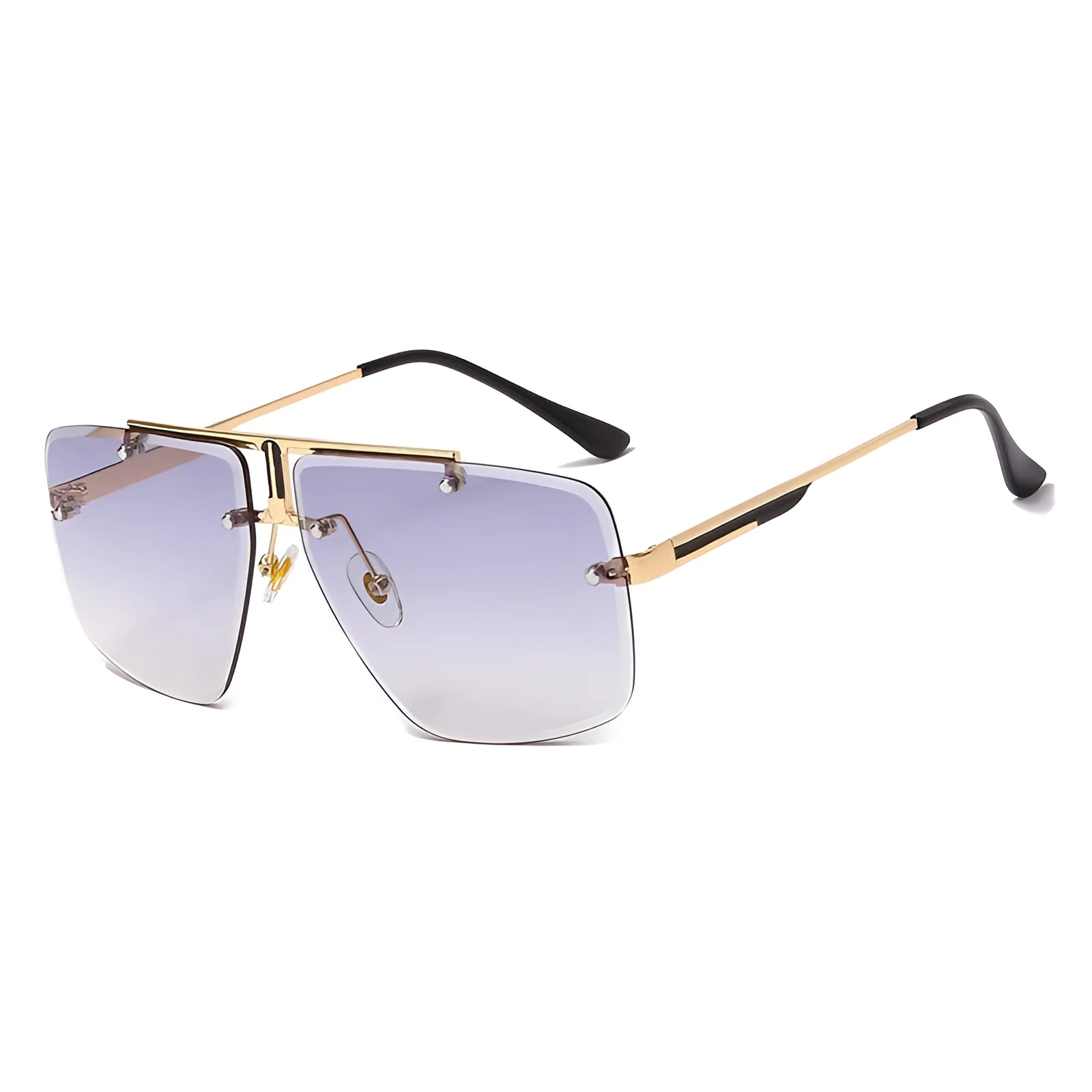 Frameless trim square sunglasses with metal frame and gray-blue PC lens on a flat surface