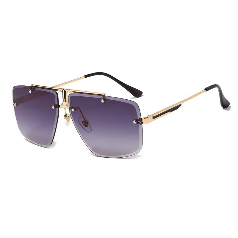 Frameless trim square sunglasses with metal frame and gray-blue PC lens on a flat surface