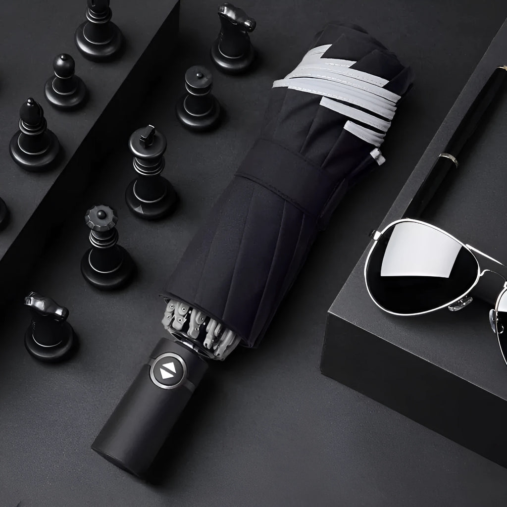 Black automatic reverse umbrella with reflective fabric shown open with 10 ribs