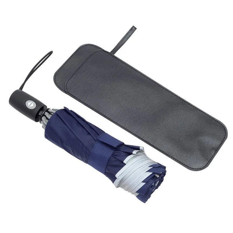 Black automatic reverse umbrella with reflective fabric shown open with 10 ribs