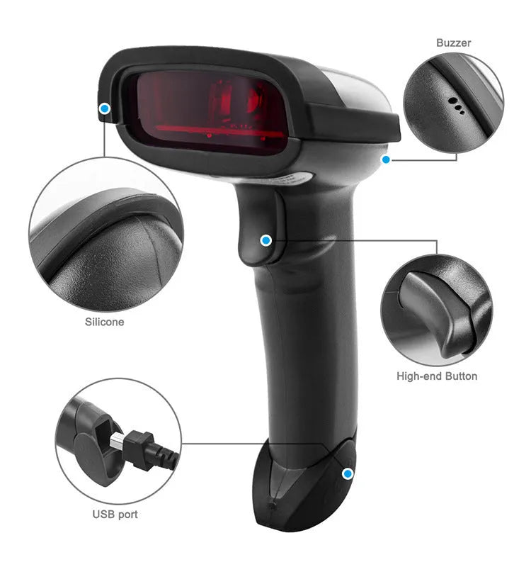 Black wireless handheld laser barcode scanner with USB cable for connection