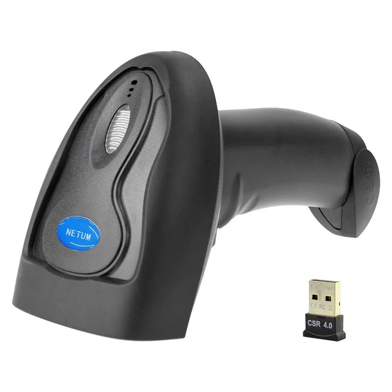 Black wireless handheld laser barcode scanner with USB cable for connection