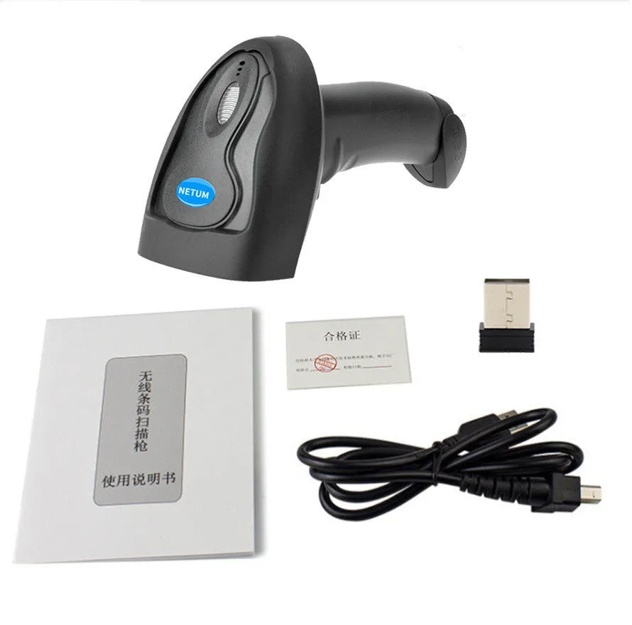 Black wireless handheld laser barcode scanner with USB cable for connection