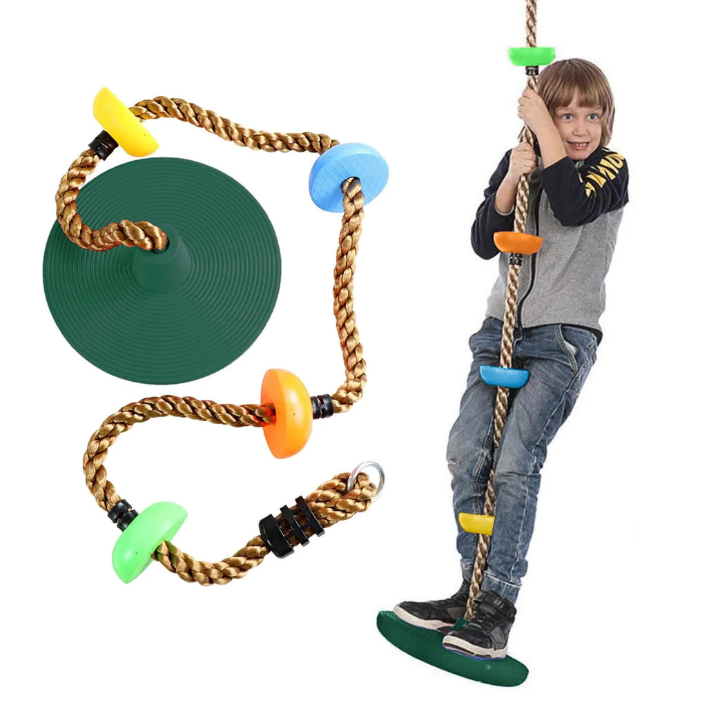 Plastic children's swing set with four colour-coded platform discs and rope for outdoor play