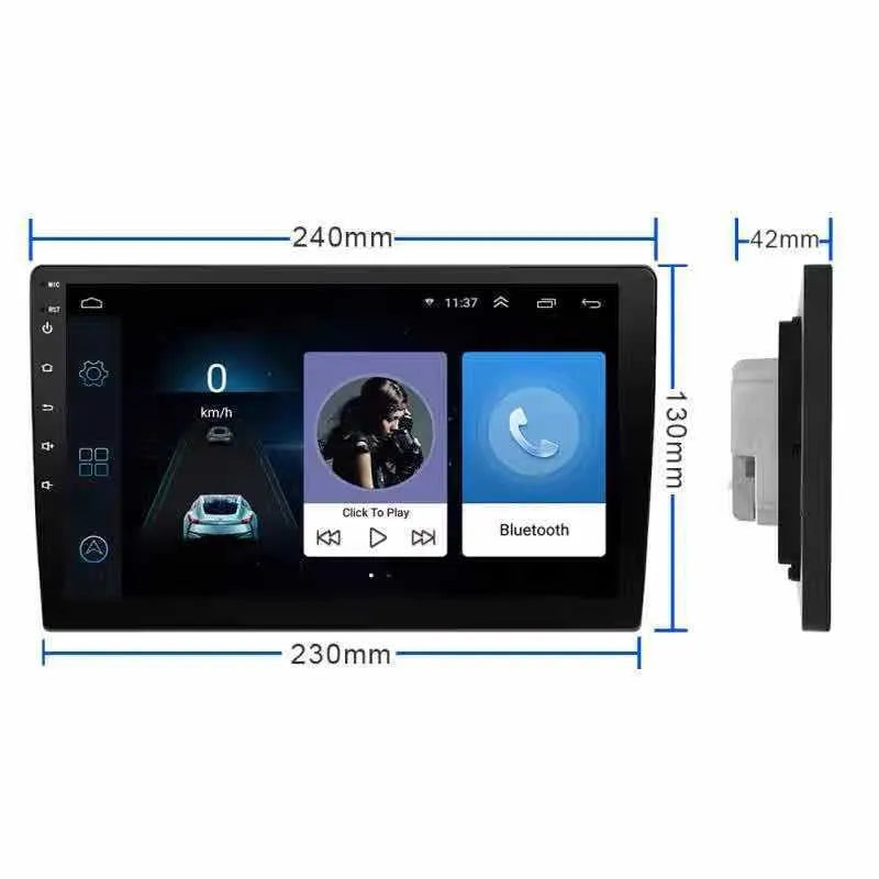 Black GM car GPS navigator with a large rotating LCD touchscreen in a vehicle.