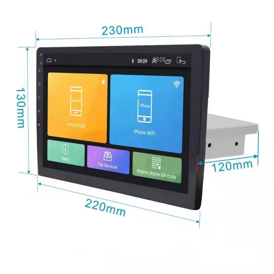 Black GM car GPS navigator with a large rotating LCD touchscreen in a vehicle.