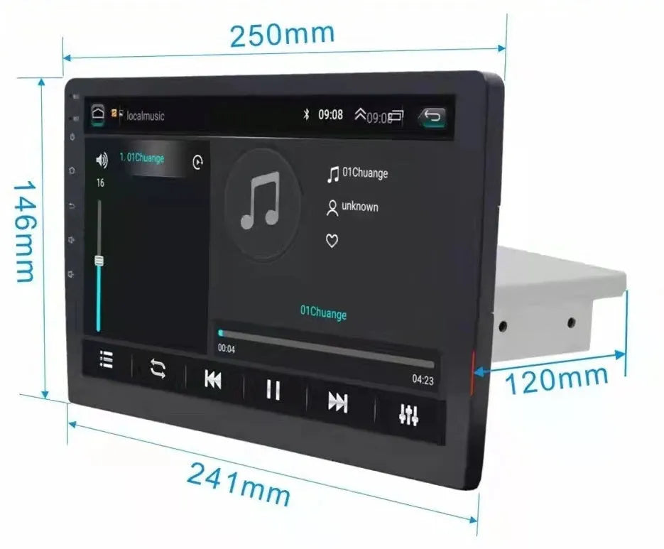 Black GM car GPS navigator with a large rotating LCD touchscreen in a vehicle.
