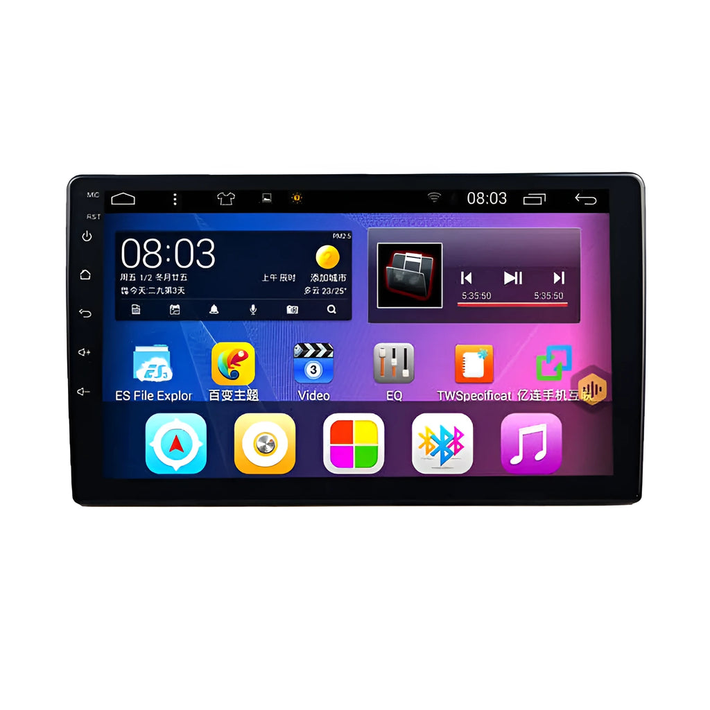 Black GM car GPS navigator with a large rotating LCD touchscreen in a vehicle.