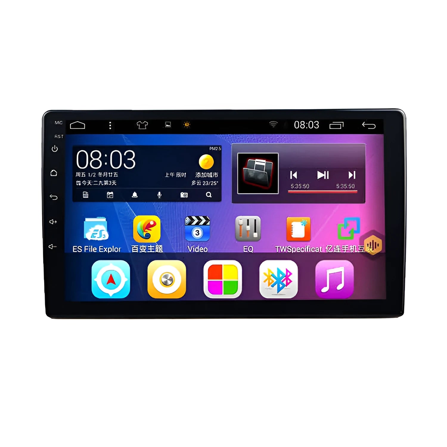 Black GM car GPS navigator with a large rotating LCD touchscreen in a vehicle.