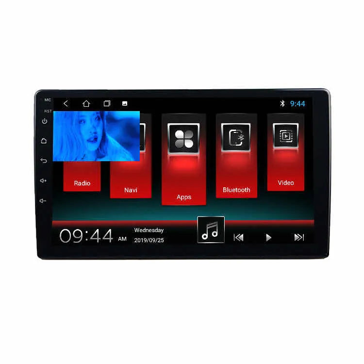 Black GM car GPS navigator with a large rotating LCD touchscreen in a vehicle.