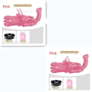 Realistic pink bubble machine gun toy for kids on a green lawn.