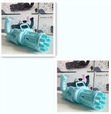 Realistic pink bubble machine gun toy for kids on a green lawn.