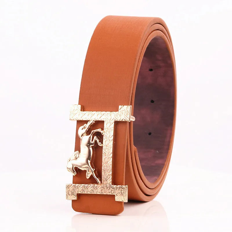 Real leather belt with horse gold buckle, 3.3cm width, available in multiple colours
