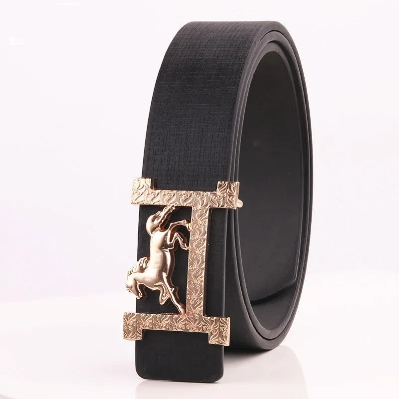 Real leather belt with horse gold buckle, 3.3cm width, available in multiple colours