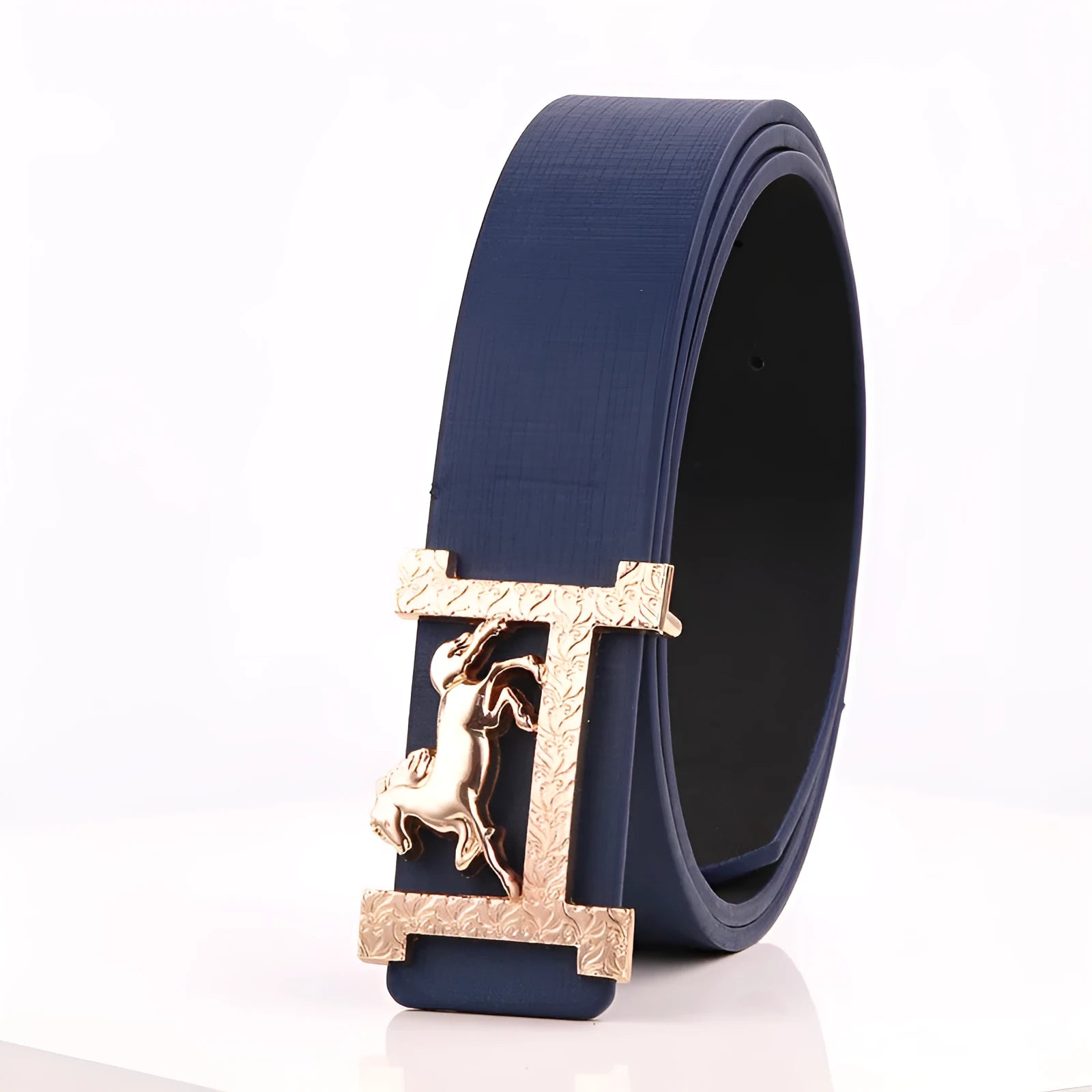 Real leather belt with horse gold buckle, 3.3cm width, available in multiple colours