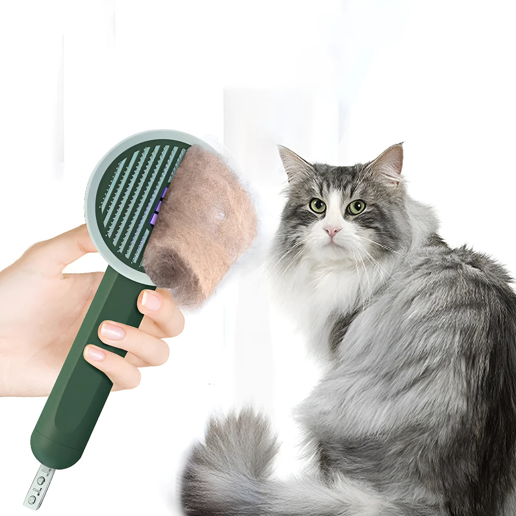 Hoopet 2-in-1 pet comb with UVC light and rounded teeth, available in ivory white, olive green, and khaki yellow