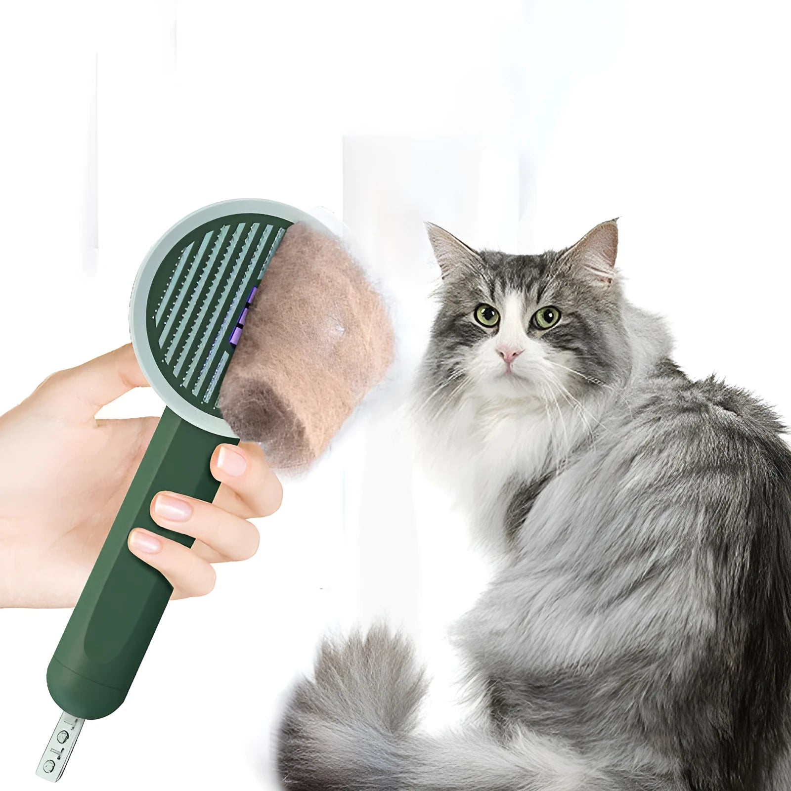 Hoopet 2-in-1 pet comb with UVC light and rounded teeth, available in ivory white, olive green, and khaki yellow