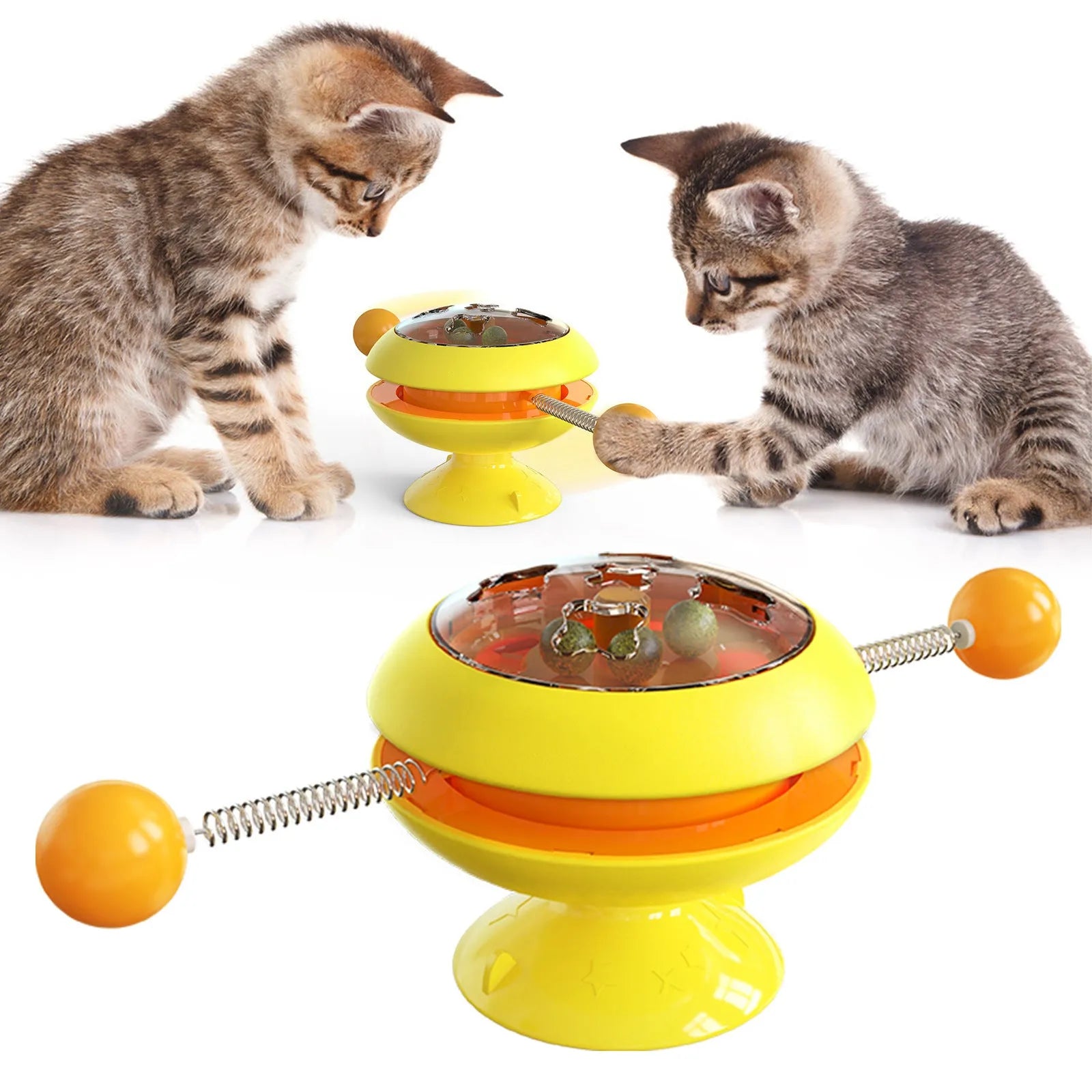 Rotatable interactive cat toy with catnip balls inside a transparent top and a large suction cup base, shown in lake blue.