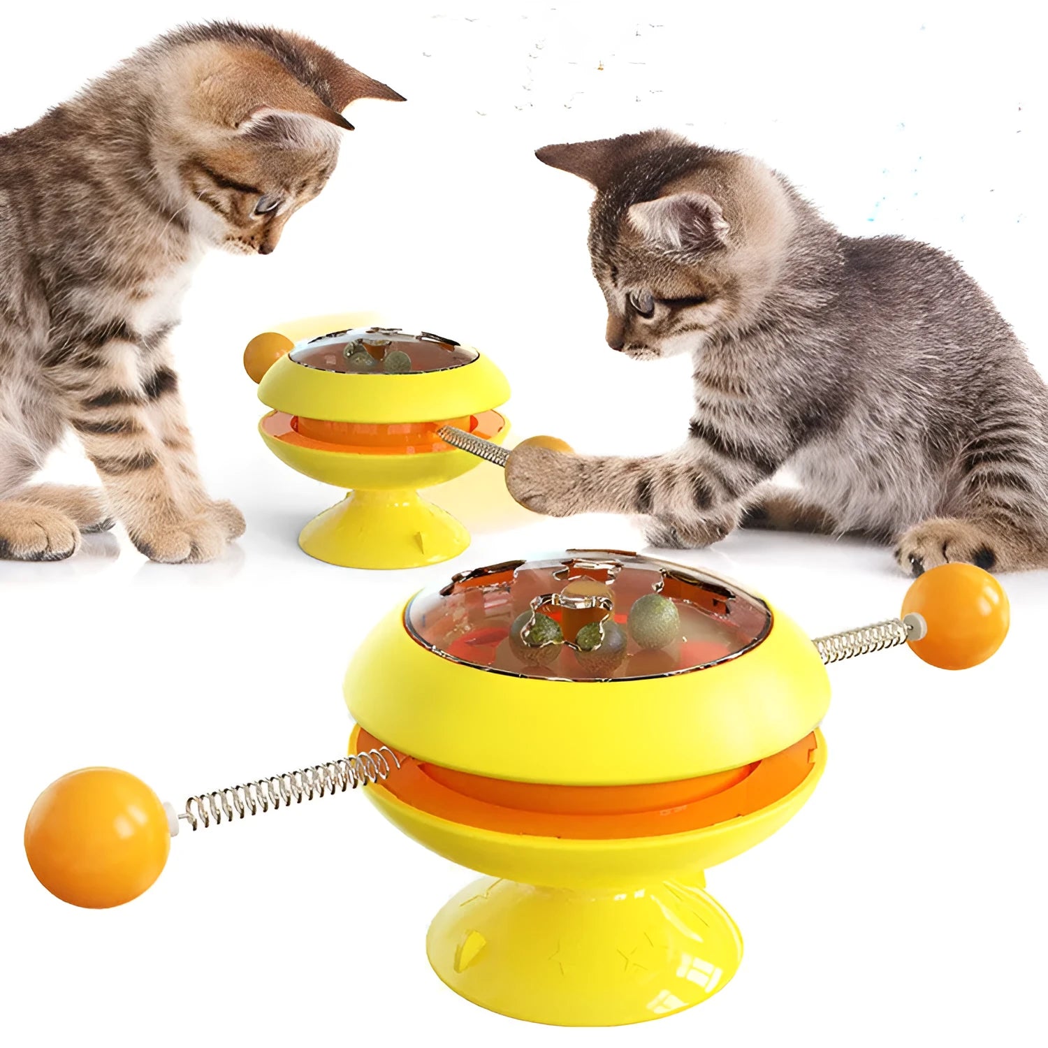Rotatable interactive cat toy with catnip balls inside a transparent top and a large suction cup base, shown in lake blue.