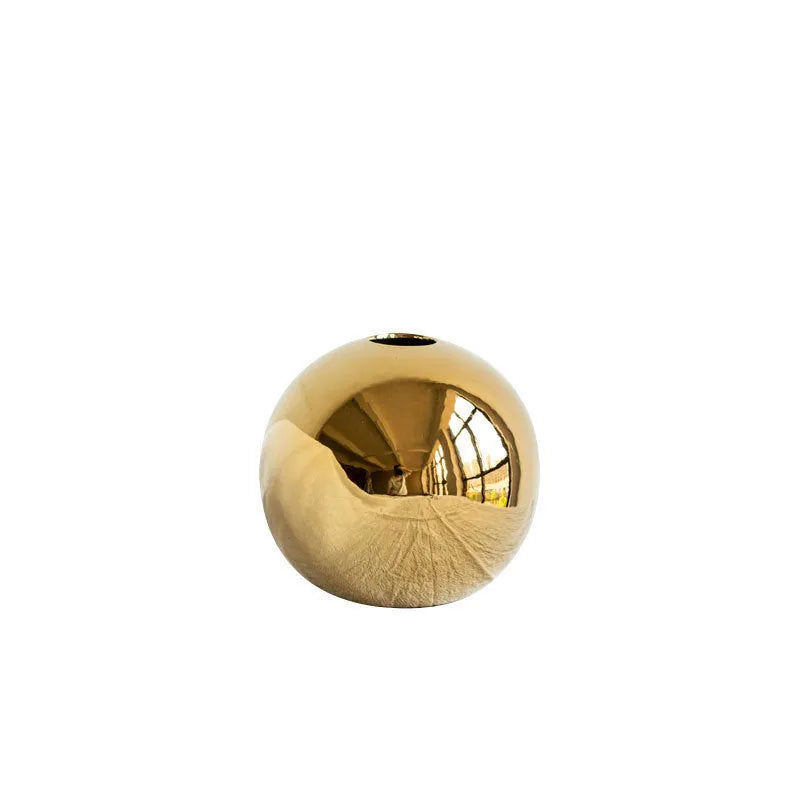 Handmade spherical electroplated ceramic gold vase on a tabletop, three sizes available for home decor