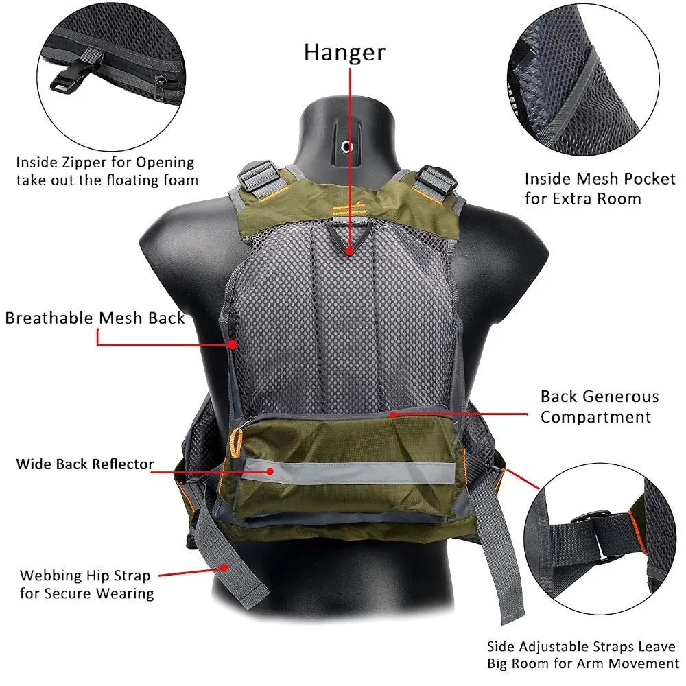 Grey ripstop polyester fishing life jacket with multiple pockets, MOLLE panels, and reflective strips on a mannequin.