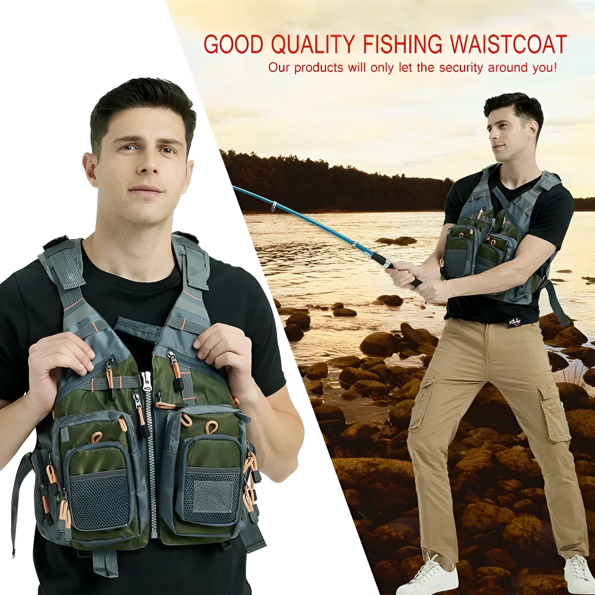 Grey ripstop polyester fishing life jacket with multiple pockets, MOLLE panels, and reflective strips on a mannequin.