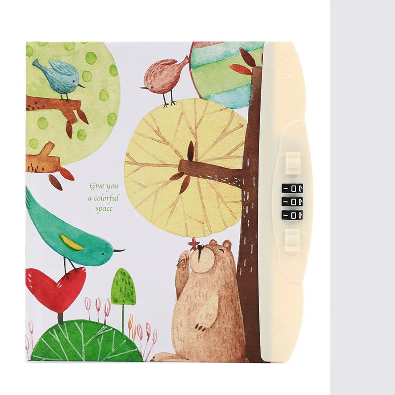 Children's codebook lock diary notebook with colourful cartoon cover and yellow pages
