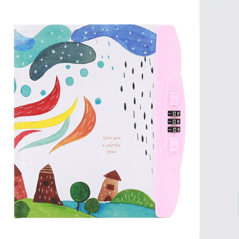 Children's codebook lock diary notebook with colourful cartoon cover and yellow pages