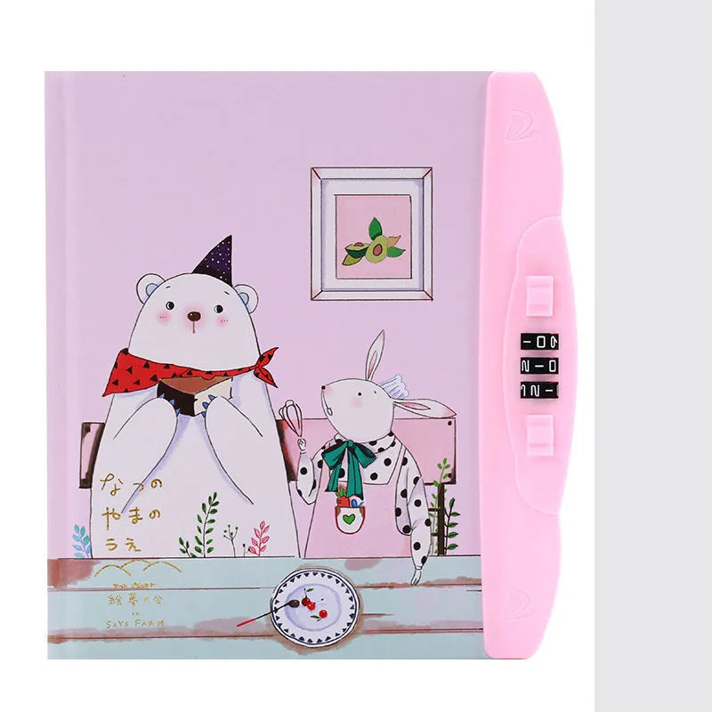 Children's codebook lock diary notebook with colourful cartoon cover and yellow pages