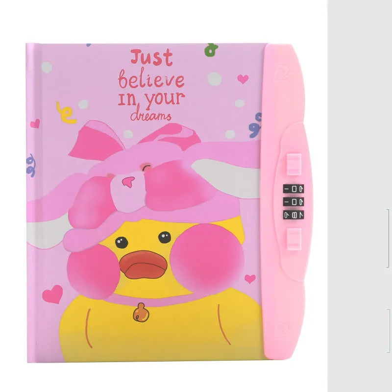 Children's codebook lock diary notebook with colourful cartoon cover and yellow pages