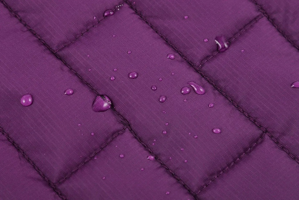 Waterproof reflective dog jacket in red, blue, and purple on a white background, polyester material, five sizes