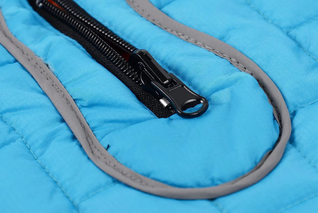 Waterproof reflective dog jacket in red, blue, and purple on a white background, polyester material, five sizes