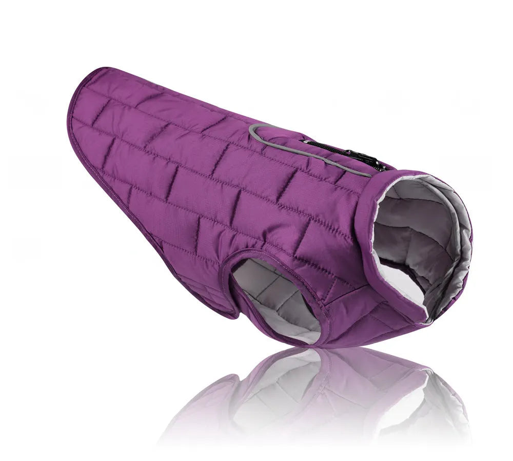 Waterproof reflective dog jacket in red, blue, and purple on a white background, polyester material, five sizes