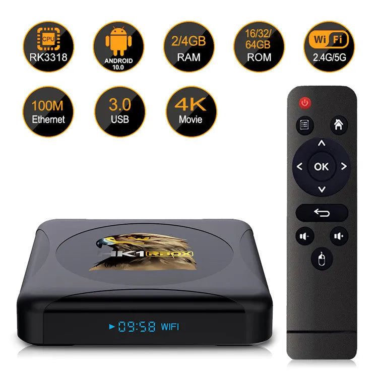 Android HD network player set-top box with RK3318 processor, 4GB RAM, 64GB storage, HDMI output