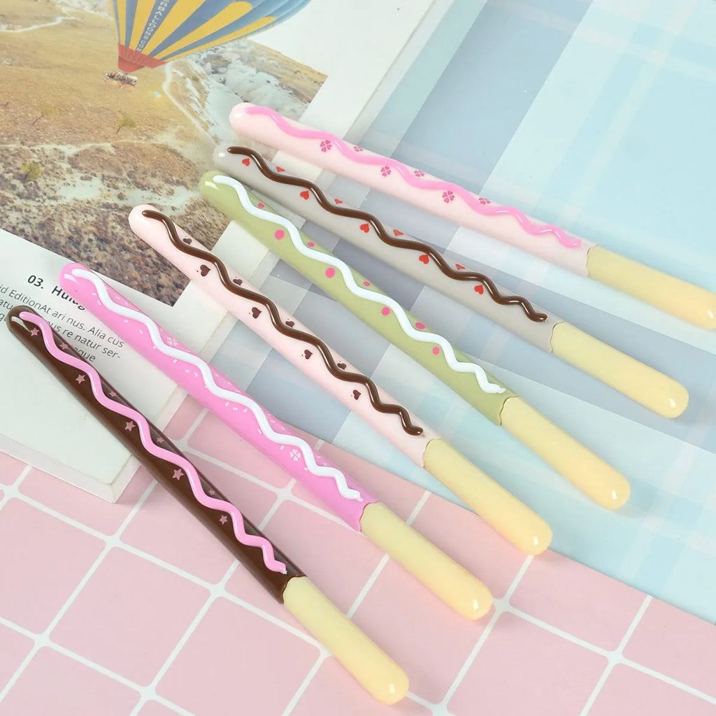 Set of five Korean soft gel scented needle tube gel pens with black ink, 0.5mm tip, chocolate bar colours