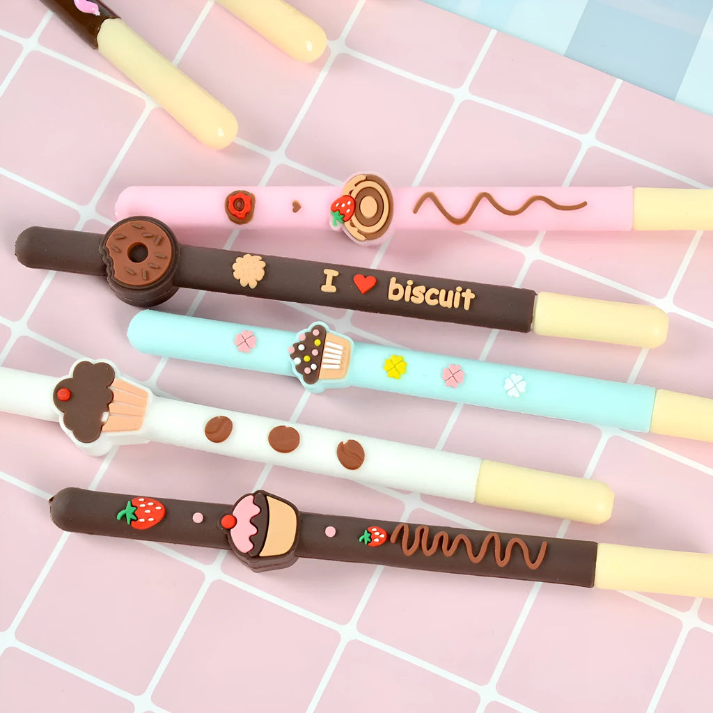 Set of five Korean soft gel scented needle tube gel pens with black ink, 0.5mm tip, chocolate bar colours
