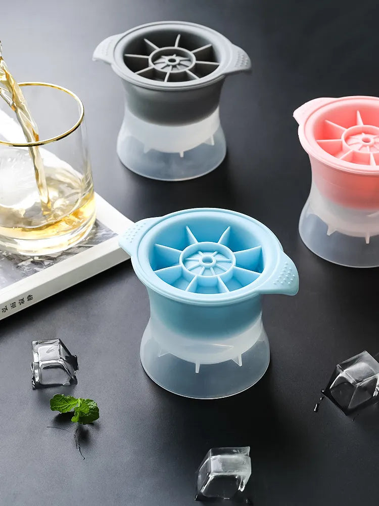 Flexible silicone ice tray for making large ice hockey shapes and spherical or pentagonal ice cubes in various colours
